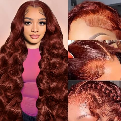32 Inch Reddish Brown Lace Front Wigs Human Hair 200% Density Body Wave Lace Frontal Wig