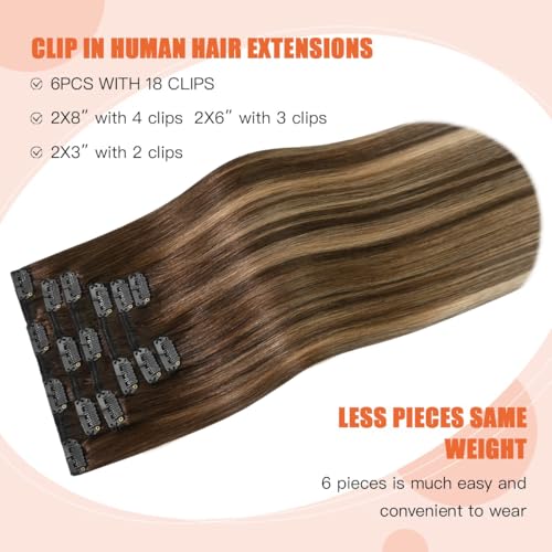 Balayage Hair Extensions Real Human Hair, Ombre Medium Brown Fading to Caramel Blonde 20 inches 120g Highlights 100% Human Hair Natural Straight Woman Beauty Clip ins #4/27/4