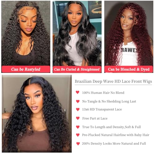 13x6 Deep Wave Lace Front Wigs Human Hair 200 Density 28 Inch Curly Wig 13x6 HD Lace Front Wigs Human Hair Glueless Wigs Human Hair Pre Plucked for Black Women Natural Color