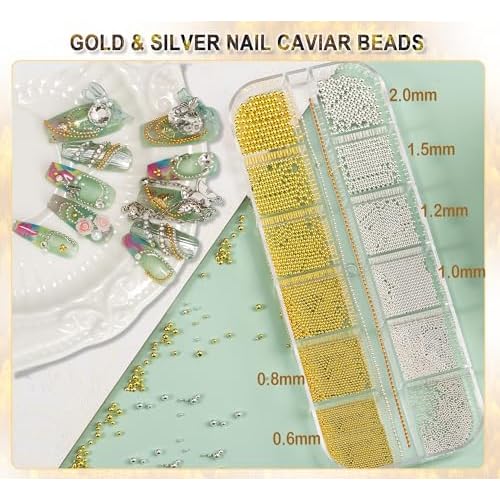 4390pcs Gold Nail Charms Caviar Beads for Nails, 2 Box Silver & Gold Beads for Nails and Flatback Pearls for Nail Art Supplies, Chloe Golden Caviar Chain for Nail Decals Jewelry Accessories