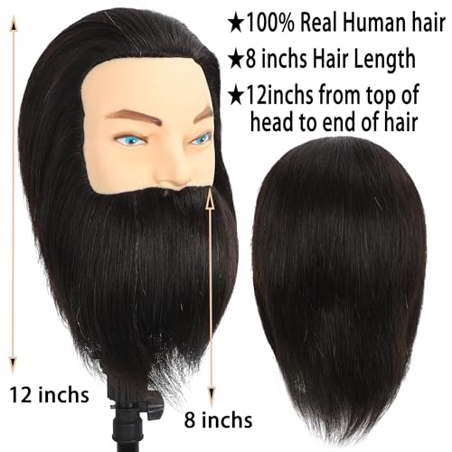 Male Mannequin Head with Beard 100% Human Hair Haircut Manikin Head for Cosmetology Straight Thick Hair Doll Head with Human Hair with Stand Practice Cutting Styling