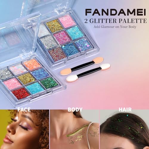 FANDAMEI Face Glitter, 2 PCS Face Glitter Gel 18 Grids, Body Hair Glitter for Kids Women for Makeup, Halloween Rave Concert Face Paint Glitter