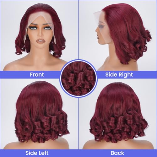 99J Burgundy Body Wave Bob Wig 13x4 HD Transparent Lace Front Wigs Human Hair Pre Plucked 180% Density Glueless Wigs Human Hair with Baby Hair for Women 14 Inch
