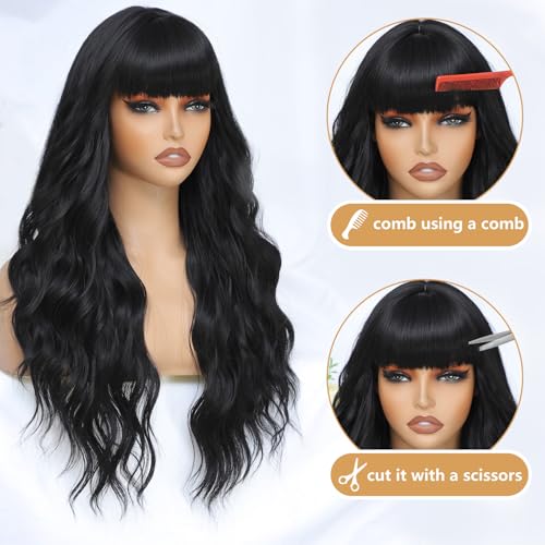 MINLEE Black Wig with Bangs for Women 26 Inch Long Wavy Wig Natural Black Hair Wigs Heat Resistant Synthetic Wig for Daily Party Use