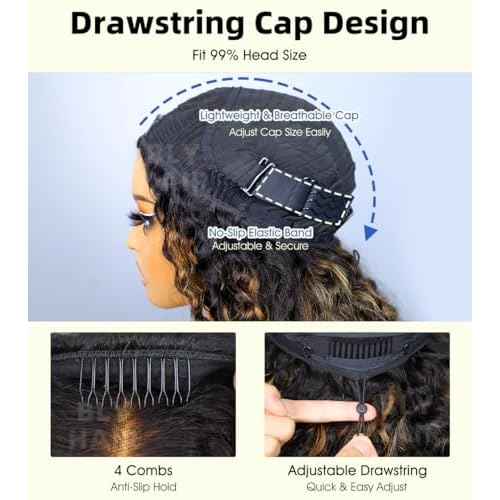 BLY Highlight Water Wave Half Wig Human Hair 3 in 1 Glueless Drawstring Flip Over Wear Go Wig for Women 1B 30 Color 180 Density Beginner Friendly Wigs 18 Inch