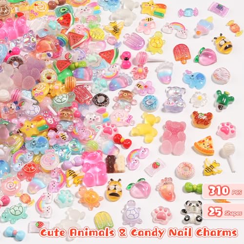 300PCS Kawaii Nail Charms Kit, 3D Animal & Candy Resin Charms for Acrylic Nails, Cute Bear Bee Fruit Nail Art Supplies with Tweezers for DIY Crafts & Shoe Decor
