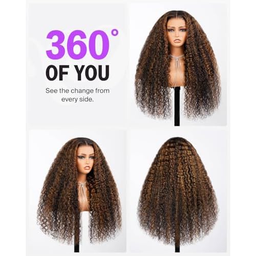 Glueless Curly Human Hair Wig Highlight Deep Wave Lace Front Wigs Human Hair Pre Plucked Pre Cut 6x5 HD Closure Wear and Go Glueless Wig Pre Bleached Knots 20 Inch 1BP30