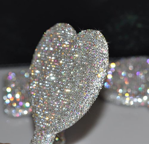 Wowagoga Sparkling Rhinestone Heart Shaped Handheld Mirror Heart Mirror Cosmetic Hand Mirror with Handle Cute Hand Mirror for Women Girls(White)
