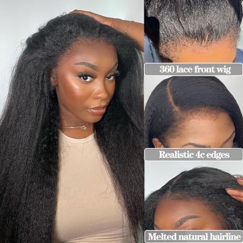 360 Lace Front Wigs Human Hair Pre Plucked Bleached Knots 180% Density Kinky Straight Human Hair Wig with 4C Curly Edges Hairline 360 HD Full Lace Frontal Wig Human Hair (20inches)
