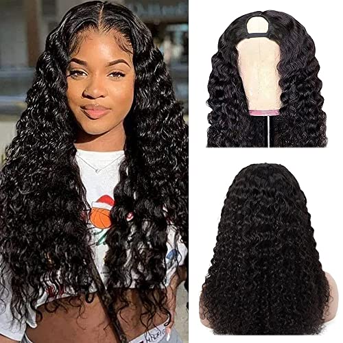 U Part Wigs Human Hair for Black Women Deep Wave Human Hair Brazilian Hair Full Head Clip in Half Wig V Part Glueless Wigs Human Hair Pre Plucked U Shape Wigs (Natural Black, 26 inch)