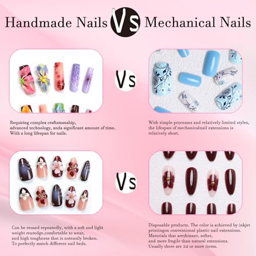 10 Pcs Duck Press on Nails Medium Fake Nails Sea Waves Pink French Tip Handmade False Nails with Glue, with 3D Golden Heart Design Artificial Acrylic Stick on Nails for Women£¨M£©