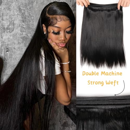 Human Hair Bundles with Frontal 3 Bundles with 13x4 Lace Frontal Free Part 12A Straight Hair 100% Unprocessed Brazilian Virgin (straight 3 bundles with frontal, 24 26 28+18)