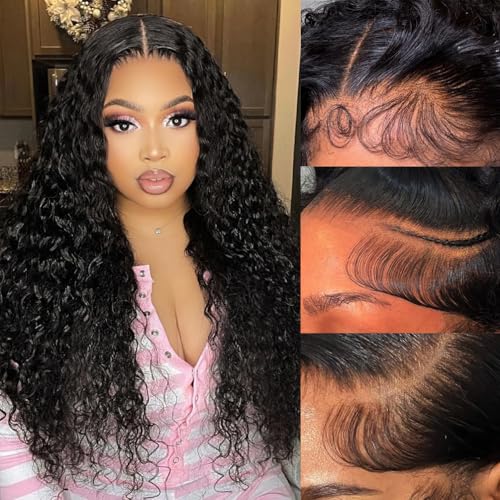 13x4 Deep Curly Glueless Wigs Human Hair Deep Wave Lace Frontal Wet and Wavy Wig 24 Inches 180 Density Water Wave Lace Front Wigs Human Hair Pre Plucked with Baby Hair Natural Black 1B