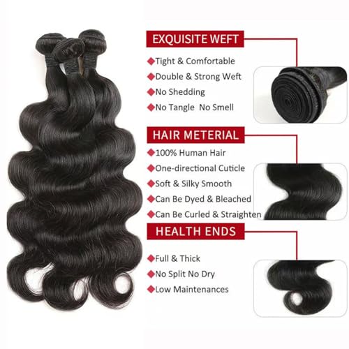 Body Wave Human Hair 3 Bundles (26 28 30) 100% Unprocessed Brazilian Virgin Human Hair Extensions Brazilian Body Wave Weave Bundles Soft and Silky Natural Black Wavy Hair Quick Weave Bundle for Women