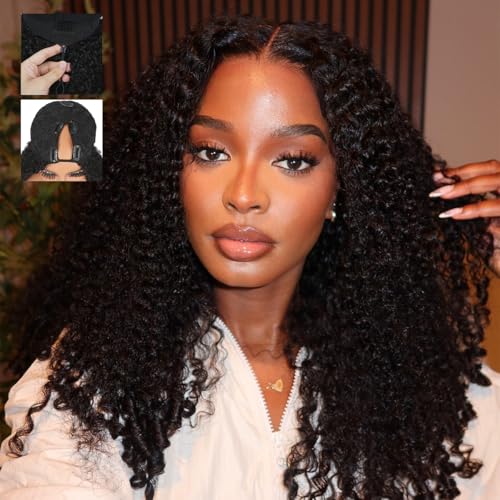 Burmese Curly V Part Wigs Human Hair 200% Density Upgrade U Part Human Hair Wigs with Drawstring and Spiral End Glueless Clip in Half Wigs for Black Women No Leave Out #1B Natural Black 18Inch