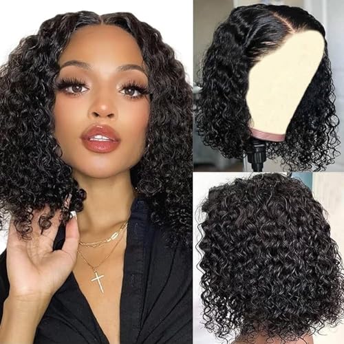 Deep Wave Bob Wig Human Hair Glueless 13x6 Lace Front Wigs Human Hair Wigs for Black Women Pre Plucked 200 Density HD Short Curly Lace Frontal Wig Natural Black 16 Inch