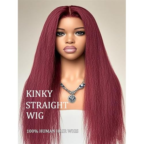 99J Burgundy Kinky Straight Lace Front Wigs Human Hair Yaki Straight Human Hair Wigs for Women Brazilian Remy Hair Wigs Wine Red Colored Pre Plucked with Baby Hair 14 Inch