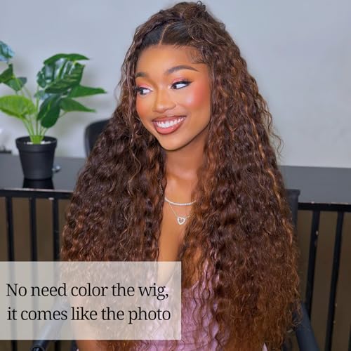 ALHER Water Wave Ombre 3 Bundles 18 20 22 Inch Honey Blonde Highlight Bundles Human Hair Wet and Wavy Brown P4/27 Piano Color 3 for Black Women Soft Thick 12A 100% Brazilian Virgin Remy Hair