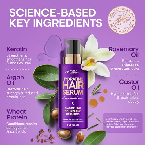 Hydrating Hair Serum ? Keratin Hair Treatment for Dry, Frizzy, Damaged Hair ? Biotin, Castor & Rosemary Oils ? Anti?Frizz, Heat Protectant & Split Ends Repair for Smooth, Shiny Hair, Pack of 2
