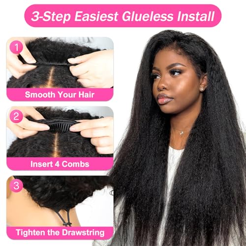 BLY Kinky Straight 3 in 1 Half Wig Human Hair for Women 180% Density Glueless Wear & Go No Lace Flip Over Half Wig Beginner Friendly Seamless Clip In Wigs 22 Inch