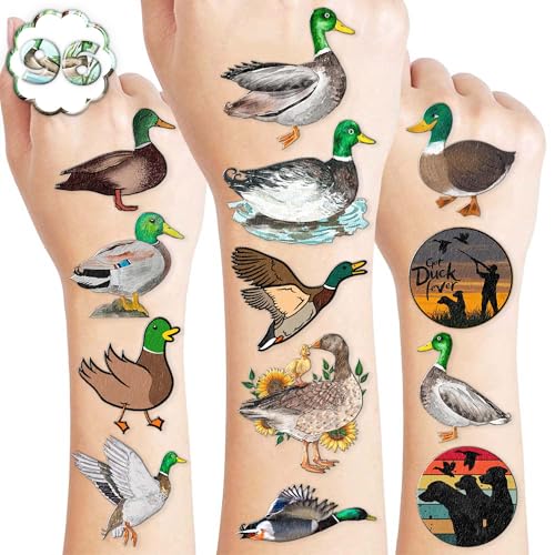 Generic 96 PCS Mallard Duck Birthday Party Decorations Party Favors Supplies Decor Cute Hunting Duck Temporary Tattoo Stickers Gifts for Kids Classroom Prizes Rewards, White, Grey