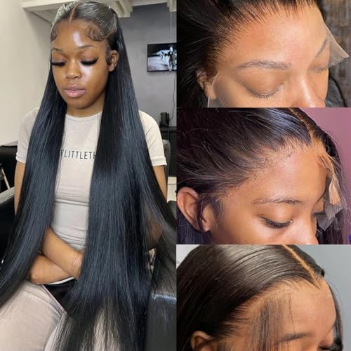 30 Inch 13x6 Straight Lace Front Wigs Human Hair Thin HD Glueless Pre Plucked Bleached Tiny Knots Full Lace Frontal Wig Upgraded 14A Soft Hair 200 Dentisty Black Wig