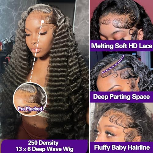 30 Inch 250 Density Deep Wave Wig 13x6 Deep Wave HD Lace Front Wigs Human Hair For Women, Pre Plucked, Tangle Free, Minimal Shedding, Full Volume 330g, Natural Look For Daily Wear