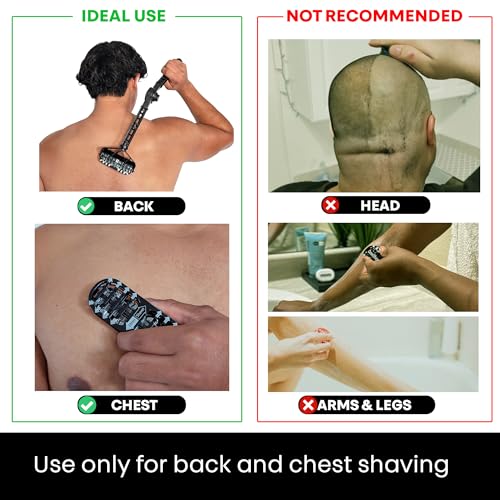 OmniShaver Ergonomic Maintenance Back Shaving Kit - Extendable Handle with Dual Shave Heads for Easy Reach - Includes Lotion Spreader - Self-Cleaning & Self-Stropping - Maintenance Back Shaver for Men