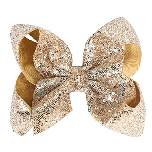 Hair Accessories: 8 Inch Large Sequin Bows and Alligator Clips for Women, Teens, and Girls (Gold)