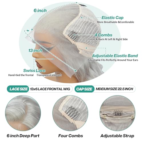 13x6 Grey Lace Front Wigs Human Hair Body Wave Gray Wigs Human Hair Pre Plucked with Baby Hair 200 Density Glueless Brazilian Virgin Grey Lace Frontal Wigs for Women 26 Inch
