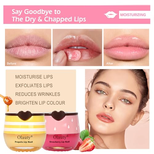 3 PCS Bee Lip Mask Honey Pot Lip Balm,Strawberry Watermelon Lip Mask Overnight Hydrating Dry and Crack Lip Scrubs Exfoliator Propolis Lip Sleeping Mask (Strawberry & Watermelon & Honey)