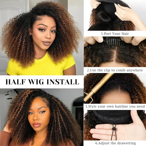 Half Wig Human Hair Glueless Kinky Curly Style 200% Density Ombre Highlight Invisible Hairline Beginner Friendly Seamless Clip Ins Flip Over None Lace Front Wigs (20 Inch)