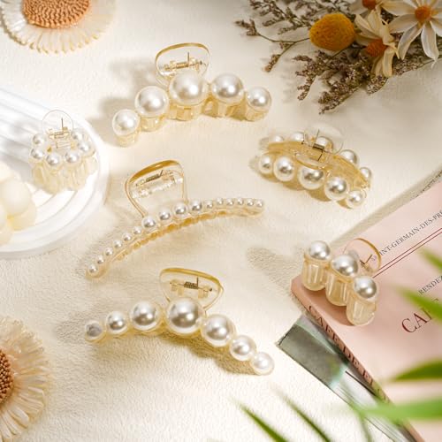 Leezmark 6 PCS Pearl Hair Clips, Wedding Hair Clip for Thick Long Thin Curly Hair White Fancy Big Claw Clips Hair Accessories for Women, Girls