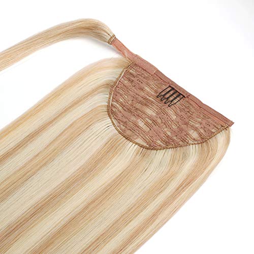 ABH AMAZINGBEAUTY HAIR Hair Women Ponytail Extension, Remy Human Hair, Wrap in Easy to Use, 100 Gram, Dirty Blonde with Platinum Blonde Highlights P12-60 Color, 20 Inch