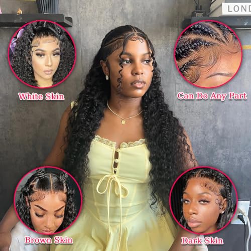 13x6 Deep Wave Lace Front Wigs Human Hair 180% Density Transparent Frontal Lace Wigs Human Hair for Women Deep Curly Glueless Wigs Human Hair Pre Plucked with Baby Hair 32 Inch Natural Black