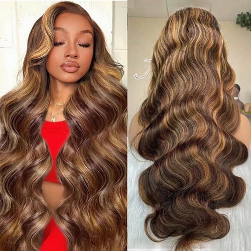 SIFULAN Highlight Ombre 13x4 Lace Front Wig Human Hair 180% Density 4/27 Highlight Wigs Human Hair 32 inch Glueless Wig Honey Blonde Body Wave HD Transparent Lace Front Wig Highlight Colored Wigs