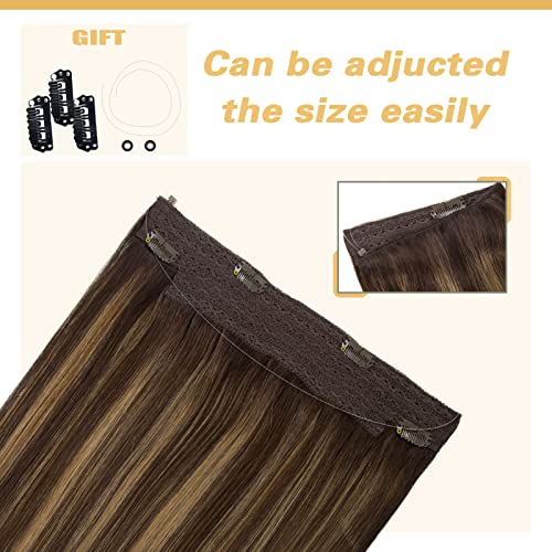 Anrosa Fish Line Invisible Hairpiece for Women Balayage Dark Brown to Chestnut Brown Extensions with Transparent Straight Real Human Hair Extensions 12 Inch 70G Wire Hair Extensions Adjustable Clips