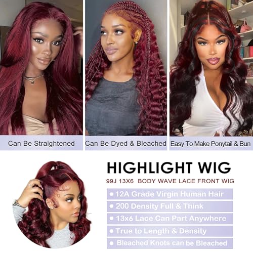 99j Burgundy 13x6 Body Wave Lace Front Wigs Human Hair 200% Density Glueless HD Transparent Lace Frontal Wigs Human Hair Pre Plucked With Baby Hair Burgundy Wine Red Wigs For Women 32 Inch