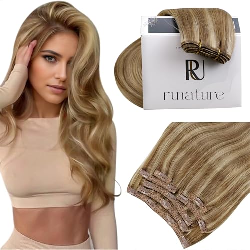 RUNATURE Blonde Clip in Hair Extensions, Real Human Hair Clip in Extensions, Long Hair Extensions Clip Ins, Remy Natural Hair Add Length, 22 Inch 120g 7pcs #10P16 Dark Blonde Highlight Caramel Blonde