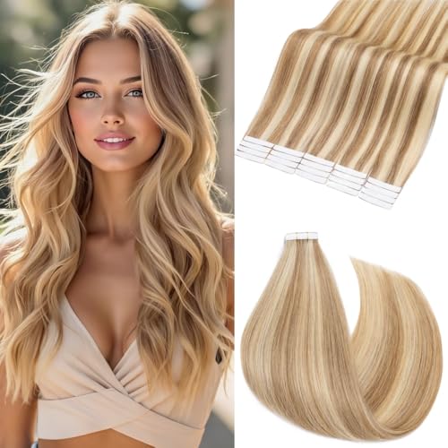 Rich Choices Tape in Hair Extensions Human Hair, 40pcs 100g 100% Remy Tape Hair Extensions Real Human Hair,Seamless Tape in Hair Extension 22 Inch #12P613 Golden Brown Highlighted Bleach Blonde
