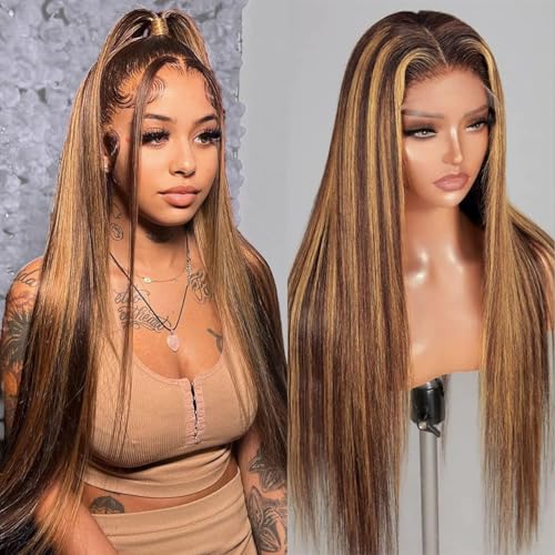 AMIRTY Honey Blonde Lace Ftont Wigs Human Hair 200% Density Straight 4/27 Highlight 13X6 HD Lace Frontal Wigs Pre Plucked Ombre Lace Front Human Hair Wigs for Women With BabyHair 24Inch
