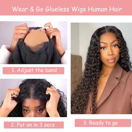 Glueless Wigs Human Hair Pre Plucked Pre Cut 5x5 Hd Lace Closure Wear and Go Deep Wave Curly Lace Front Wigs for Black Women Wet and Wavy Natural Hairline (32 Inch)