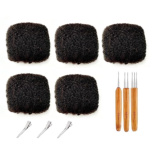 Tight Afro Kinky Bulk Human Hair for Dreadlock Extensions 100% Human Hair,16" 150g (5 Packs 30g),Natural Black #1B,Repair Extensions,Making Locs or Braids, with Needles and Hairpin