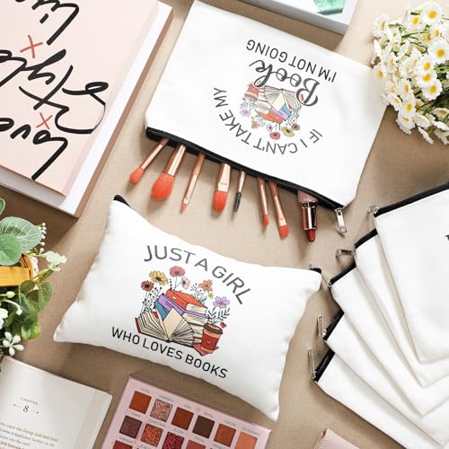 8 Pcs Book Club Gifts Book Lovers Makeup Bag Gifts for Women Cosmetic Bag with Zipper Pouch for Teen Adult Women Lovers Librarian Bookish Club Gifts(Book,Flower)