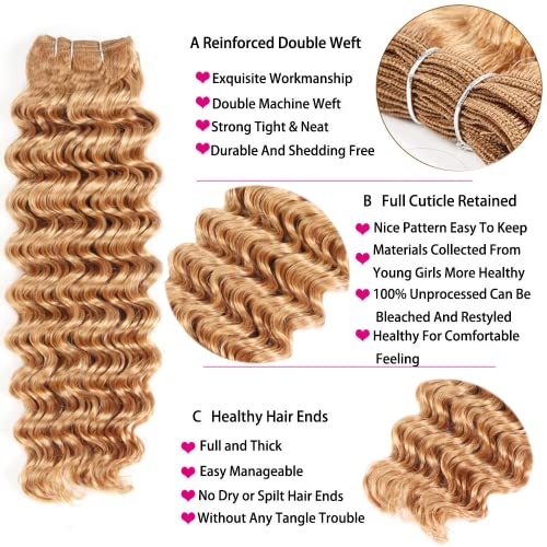 Honey Blonde Bundles Human Hair Color #27 Deep Wave Human Hair Bundles 26 26 26 Inch Brazilian Unprocessed Virgin Hair 3 Bundles Honey Blonde Deep Wave Bundles