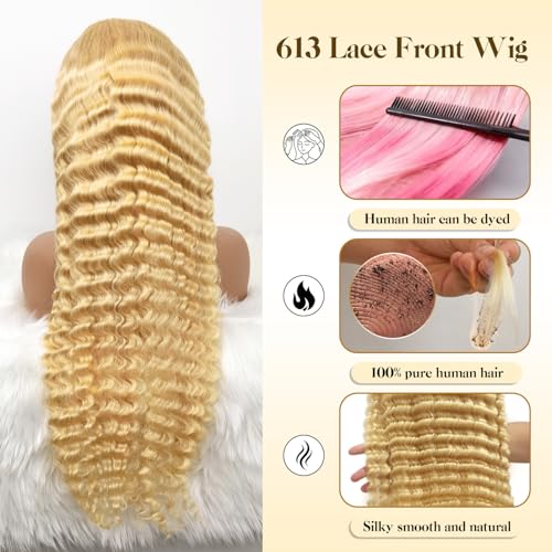28 Inch 13x6 Lace Front Wigs Human Hair 613 Deep Wave Blonde 13x6 HD Lace Front Wigs Human Hair 200% Density Pre Plucked with Baby Hairs Wigs For Women Female