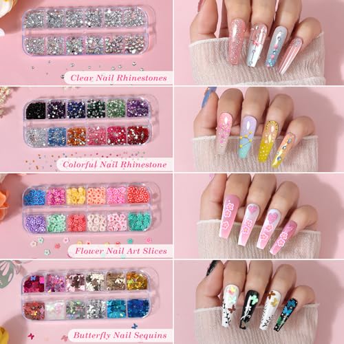 Acrylic Fake Nails Kit Press On Nail Kit with Clear Coffin Nail Tips Nail Display Stand Sequins Sticker Rhinestones Decorations Nail Glue Nail Clay Fine Glitter DIY Nail Art Tool and Supplies