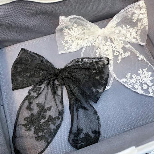 2PCS Large Lace Hair Bow Clips for Women Drape Bow Translucent Mesh Bow Barrette Hair Accessories for Girls Women (Black+White)