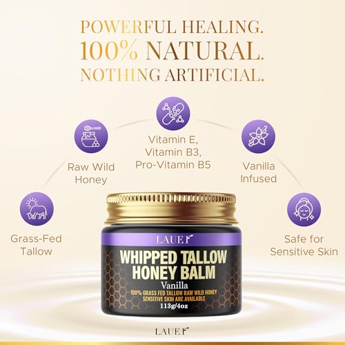 Whipped Tallow Honey Balm Soft Smooth Skin Face 100% Grass-Fed Beef Tallow Body Butter Raw Honey All Skin Type Natural Vanilla Moisturizer for Eczema Rashes Dry Skin Sunburn Stocking Stuffer for Women