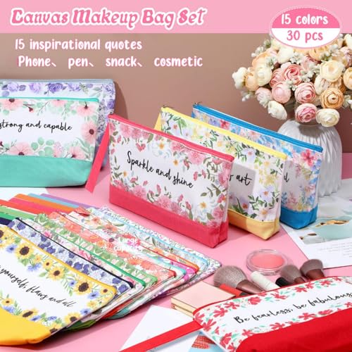 Silkfly 30 Pcs Cotton Canvas Makeup Bags Canvas Cosmetic Zipper 10.2 x 5.5 x 2 Inches Blank DIY Pouch Bag Bulk with Bottom Pencil Case Travel Toiletry Pouch for Women (Flower)